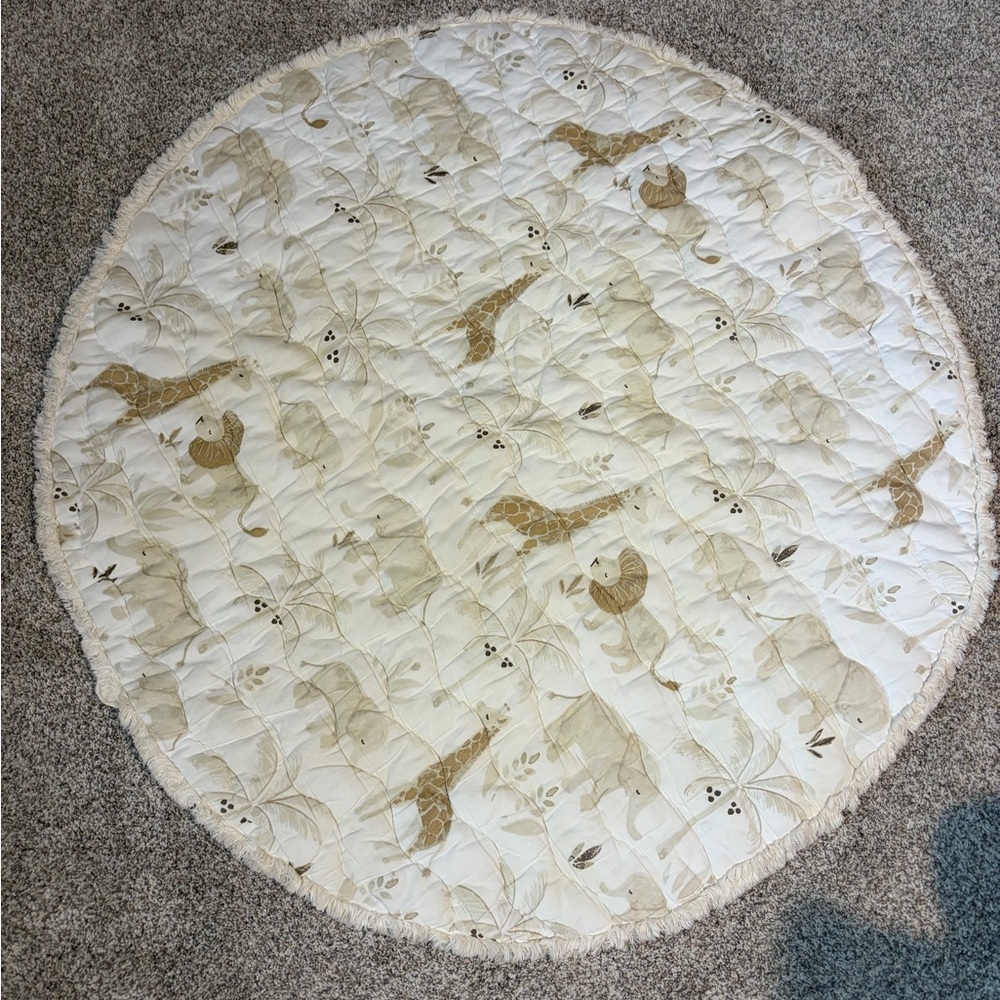 Crane Baby Round Quilted Nursery Play Mat - Beige Animal Print